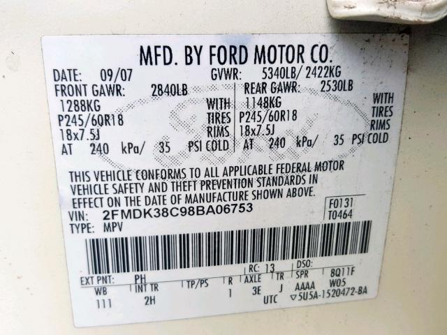 2FMDK38C98BA06753 - 2008 FORD EDGE SEL CREAM photo 10