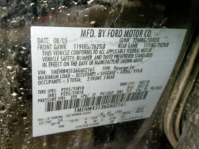 1MEHM43136G602165 - 2006 MERCURY MONTEGO PR 黑色 照片 10