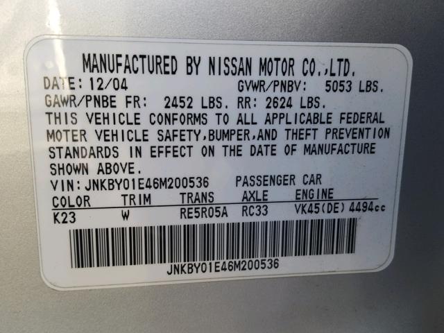 JNKBY01E46M200536 - 2006 INFINITI M45 BASE SILVER photo 10