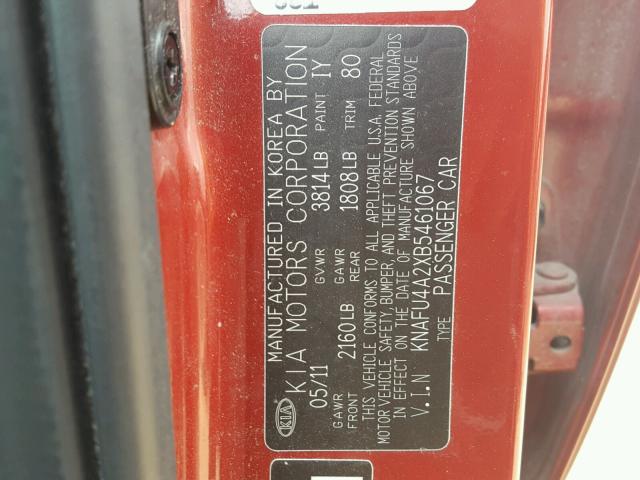 KNAFU4A2XB5461067 - 2011 KIA FORTE EX RED photo 10