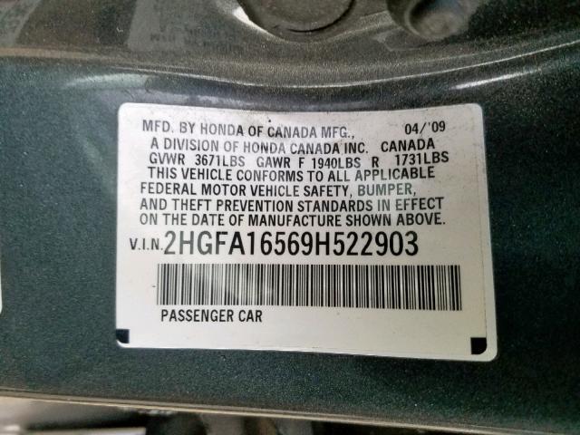 2HGFA16569H522903 - 2009 HONDA CIVIC LX GRAY photo 10