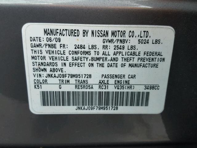 JNKAJ09F79M951728 - 2009 INFINITI EX35 BASE GRAY photo 10