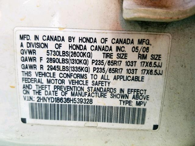 2HNYD18636H539328 - 2006 ACURA MDX TOURIN WHITE photo 10