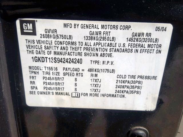 1GKDT13S942424240 - 2004 GMC ENVOY GRAY photo 10