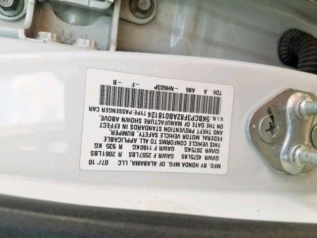 5KBCP3F82AB018124 - 2010 HONDA ACCORD EXL WHITE photo 10