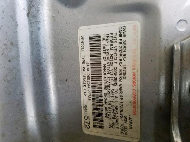 JA3AJ26E25U027733 - 2005 MITSUBISHI LANCER ES SILVER photo 10