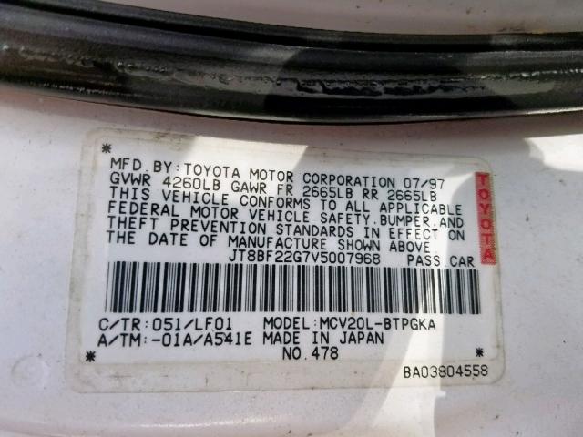 JT8BF22G7V5007968 - 1997 LEXUS ES 300 WHITE photo 10