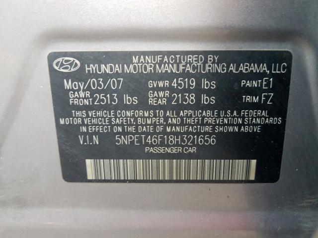 5NPET46F18H321656 - 2008 HYUNDAI SONATA GLS SILVER photo 10