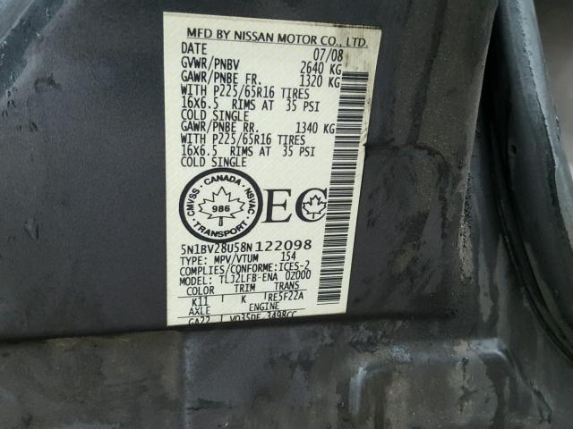 5N1BV28U58N122098 - 2008 NISSAN QUEST S CHARCOAL photo 10