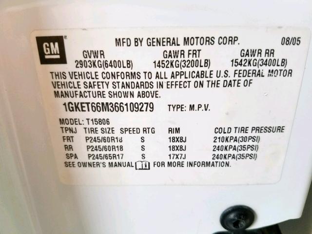 1GKET66M366109279 - 2006 GMC ENVOY DENA WHITE photo 10