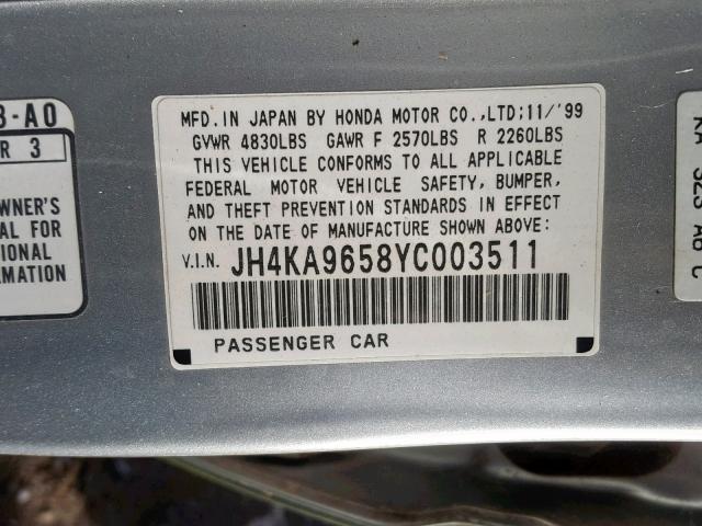 JH4KA9658YC003511 - 2000 ACURA 3.5RL SILVER photo 10