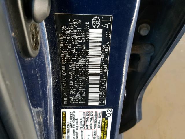 2T1KR30EX5C484008 - 2005 TOYOTA COROLLA MA BLUE photo 10