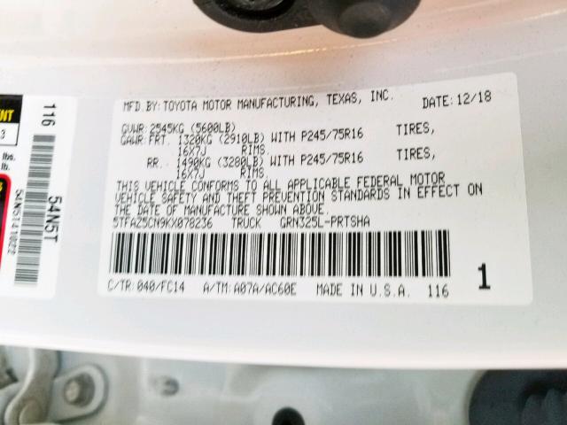 5TFAZ5CN9KX078236 - 2019 TOYOTA TACOMA DOU 白色 照片 10