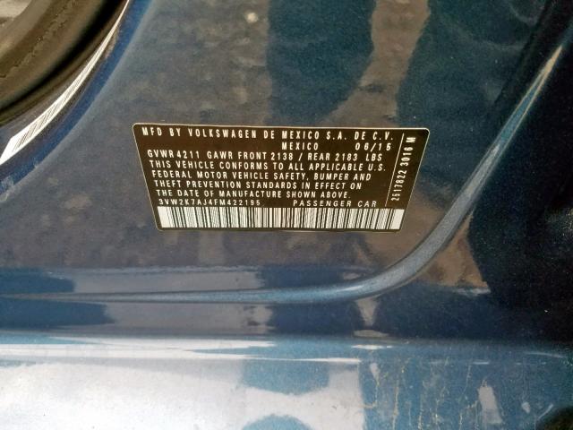 3VW2K7AJ4FM422195 - 2015 VOLKSWAGEN JETTA BASE 蓝色 照片 10