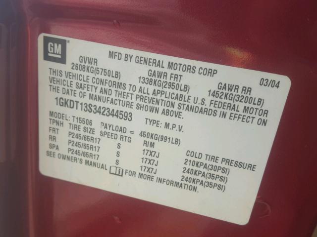 1GKDT13S342344593 - 2004 GMC ENVOY RED photo 10