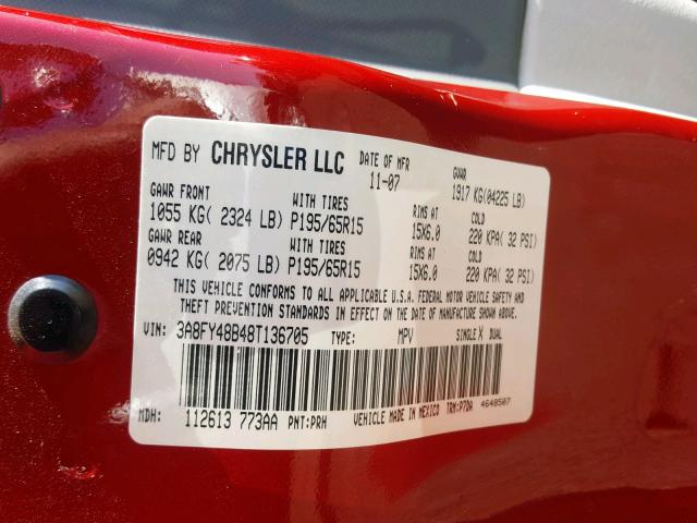 3A8FY48B48T136705 - 2008 CHRYSLER PT CRUISER RED photo 10