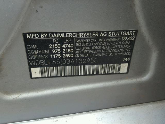 WDBUF65J03A132953 - 2003 MERCEDES-BENZ E 320 SILVER photo 10