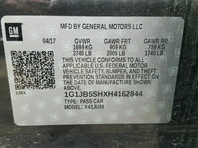 1G1JB5SHXH4162844 - 2017 CHEVROLET SONIC LS GRAY photo 10