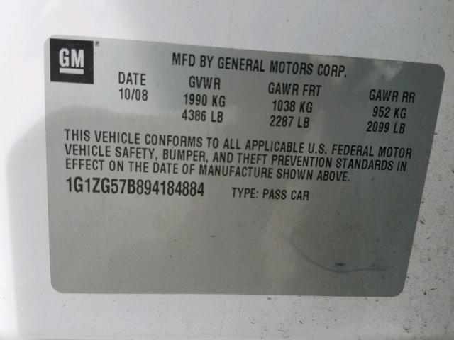 1G1ZG57B894184884 - 2009 CHEVROLET MALIBU LS WHITE photo 10