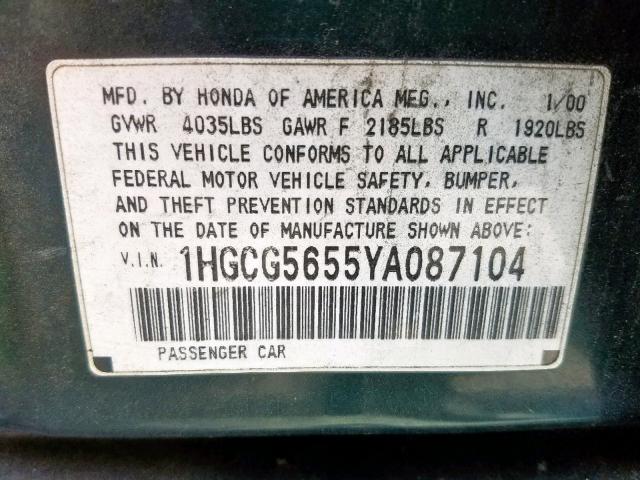 1HGCG5655YA087104 - 2000 HONDA ACCORD EX GREEN photo 10