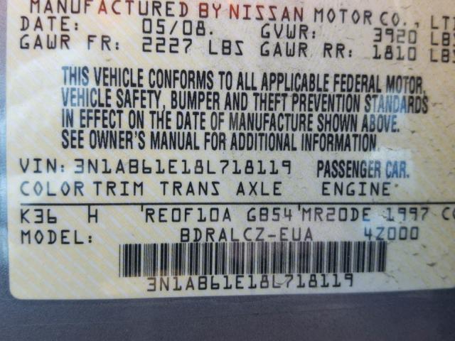 3N1AB61E18L718119 - 2008 NISSAN SENTRA 2.0 GRAY photo 10