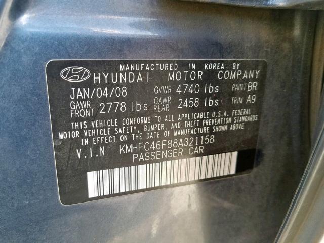 KMHFC46F88A321158 - 2008 HYUNDAI AZERA SE BLUE photo 10