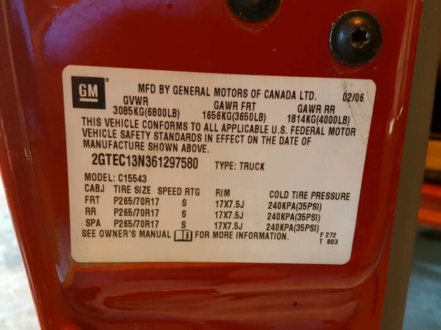 2GTEC13N361297580 - 2006 GMC NEW SIERRA RED photo 10