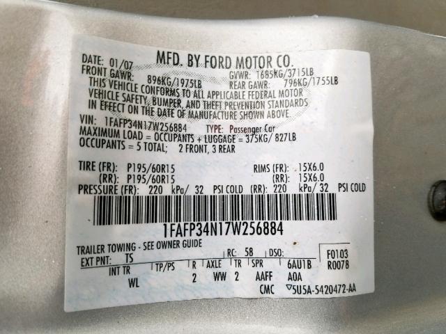 1FAFP34N17W256884 - 2007 FORD FOCUS ZX4 SILVER photo 10