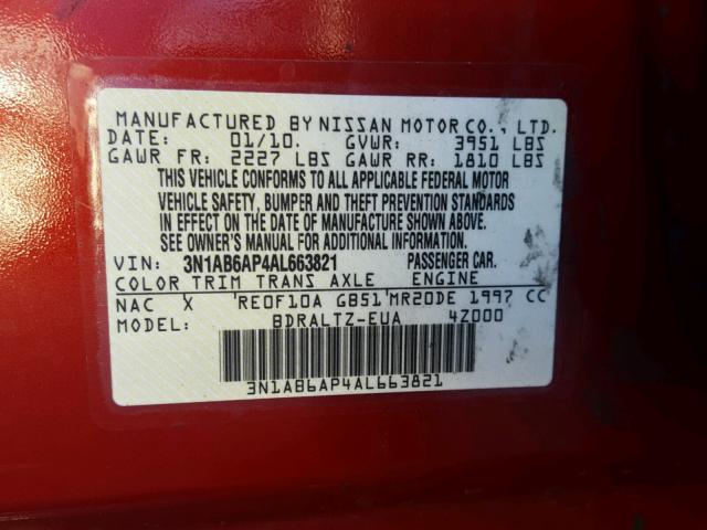 3N1AB6AP4AL663821 - 2010 NISSAN SENTRA 2.0 RED photo 10