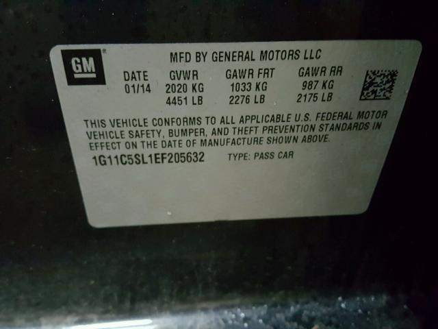 1G11C5SL1EF205632 - 2014 CHEVROLET MALIBU 1LT შავი ფოტო 10