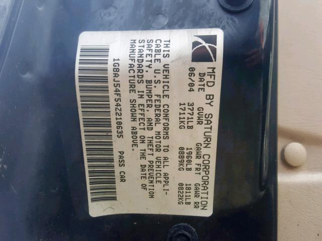 1G8AJ54F54Z210635 - 2004 SATURN ION LEVEL BLACK photo 10