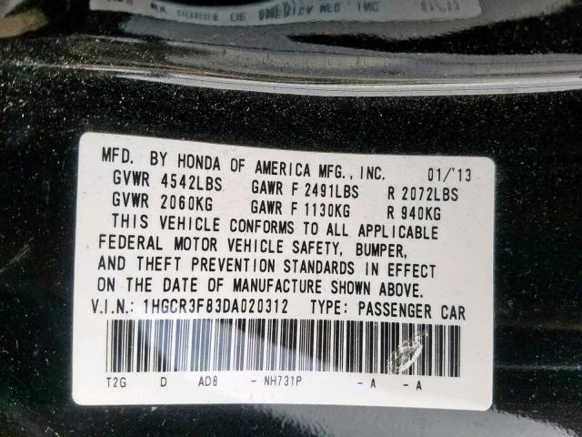 1HGCR3F83DA020312 - 2013 HONDA ACCORD EXL BLACK photo 10