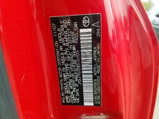 JTDJT923385161531 - 2008 TOYOTA YARIS RED photo 10