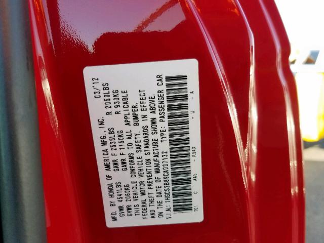 1HGCS2B89CA007132 - 2012 HONDA ACCORD EXL RED photo 10