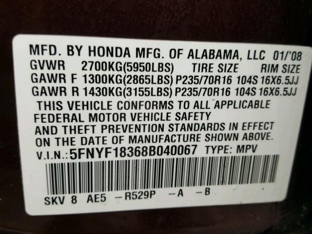 5FNYF18368B040067 - 2008 HONDA PILOT SE BURGUNDY photo 10