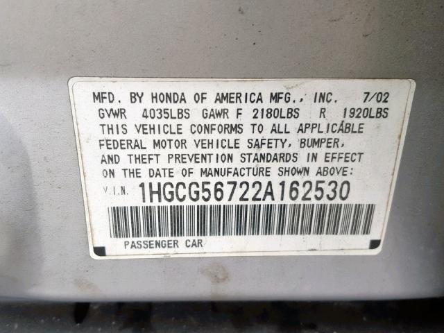 1HGCG56722A162530 - 2002 HONDA ACCORD SE SILVER photo 10