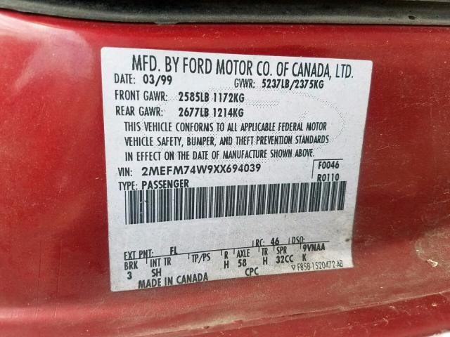 2MEFM74W9XX694039 - 1999 MERCURY GRAND MARQ RED photo 10