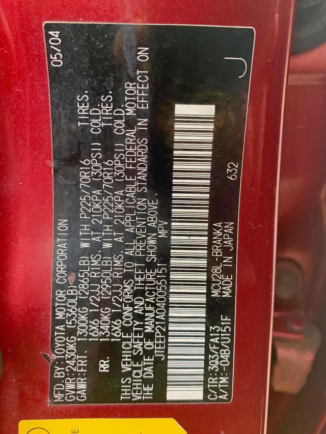 JTEEP21A040055151 - 2004 TOYOTA HIGHLANDER RED photo 9