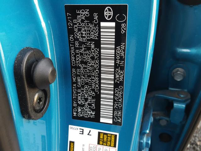 JTDKARFP0H3067092 - 2017 TOYOTA PRIUS PRIM ლურჯი ფოტო 10