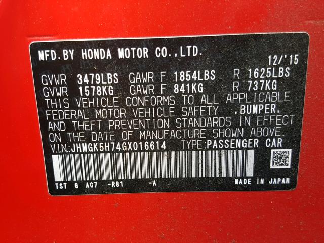 JHMGK5H74GX016614 - 2016 HONDA FIT EX RED photo 10