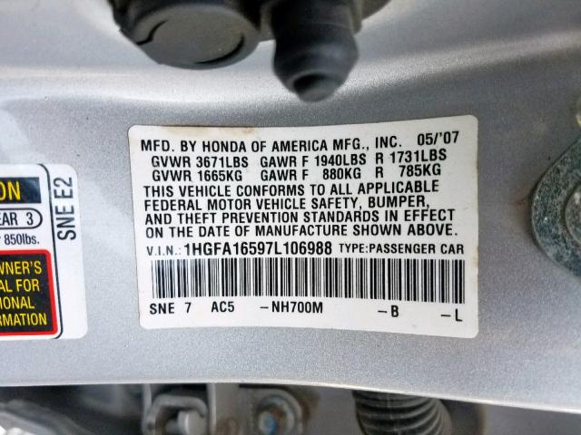 1HGFA16597L106988 - 2007 HONDA CIVIC LX SILVER photo 10