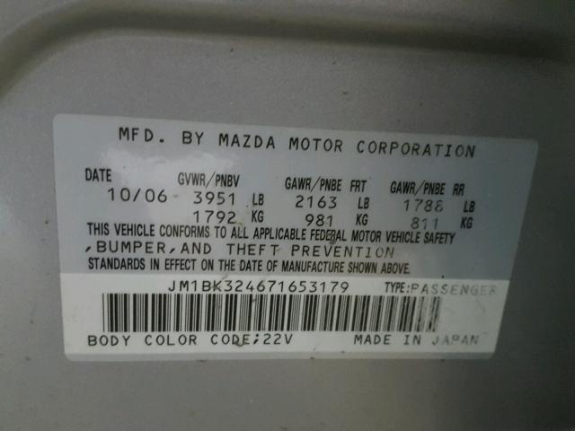 JM1BK324671653179 - 2007 MAZDA 3 S SILVER photo 10