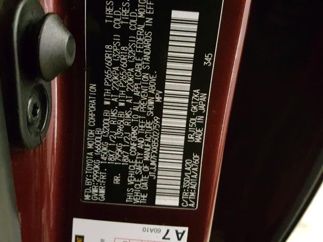 JTJJM7FXXB5027599 - 2011 LEXUS GX PREMIUM MAROON photo 10