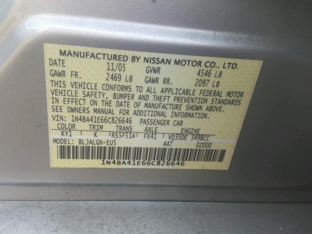 1N4BA41E66C826646 - 2006 NISSAN MAXIMA SE SILVER photo 10