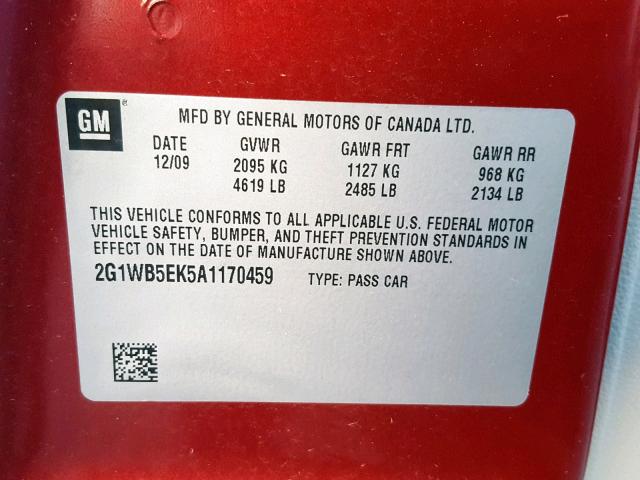 2G1WB5EK5A1170459 - 2010 CHEVROLET IMPALA LT RED photo 10