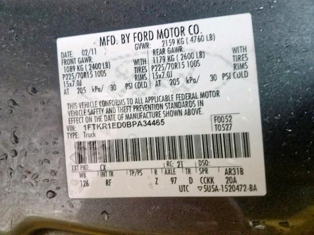 1FTKR1ED0BPA34465 - 2011 FORD RANGER SUP GRAY photo 10