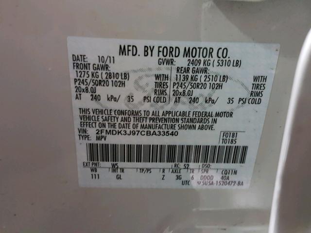 2FMDK3J97CBA33540 - 2012 FORD EDGE SEL WHITE photo 10