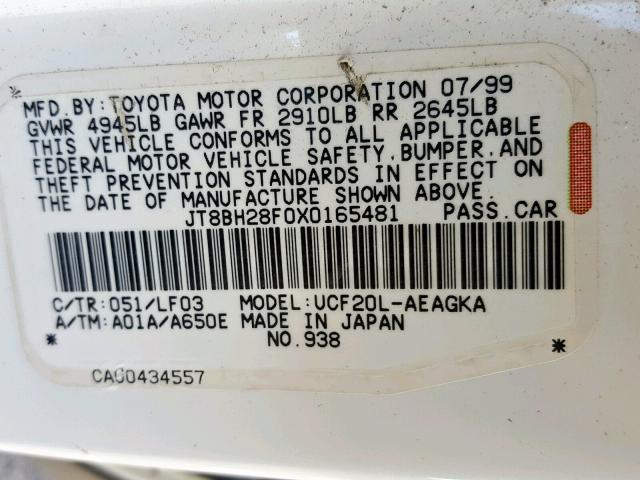 JT8BH28F0X0165481 - 1999 LEXUS LS 400 WHITE photo 10