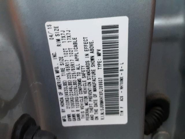 5J6RM4H7XFL069607 - 2015 HONDA CR-V EXL SILVER photo 10