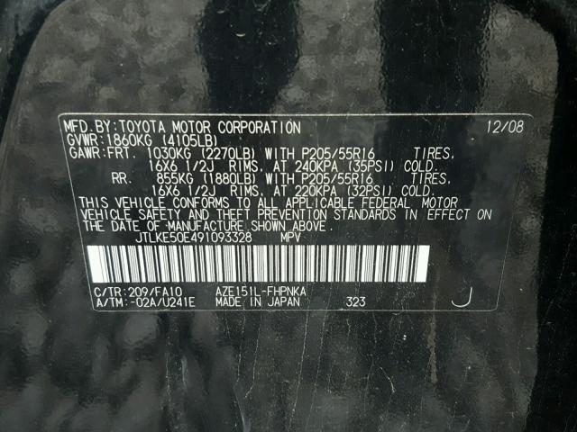 JTLKE50E491093328 - 2009 TOYOTA SCION XB Қара фото 10